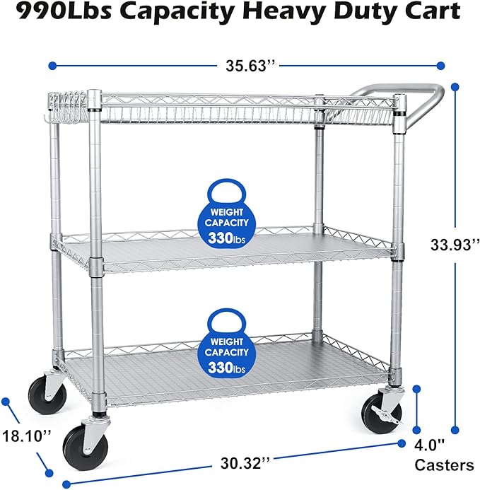 WDT 990Lbs Capacity Heavy Duty Rolling Utility Cart, NSF Rolling Carts - Image 3