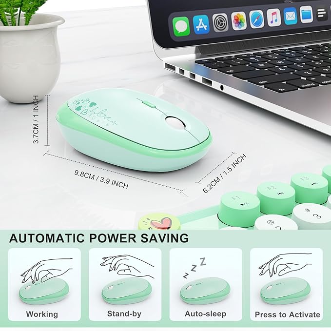 FOPETT Wireless Keyboard and Mouse Combo - 2.4G Full-Sized Cute Colorful Retro Keyboard with Round Keycaps 104 Keys Typewriter Keyboard for Laptop/Windows/PC-Green Colorful-DeskLoop Office