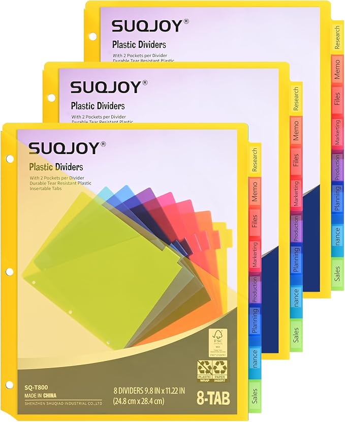 SUQJOY 8-Tab Dividers for 3 Ring Binder, Subject Dividers, 3-Hole Plastics by SUQJOYOFFICE