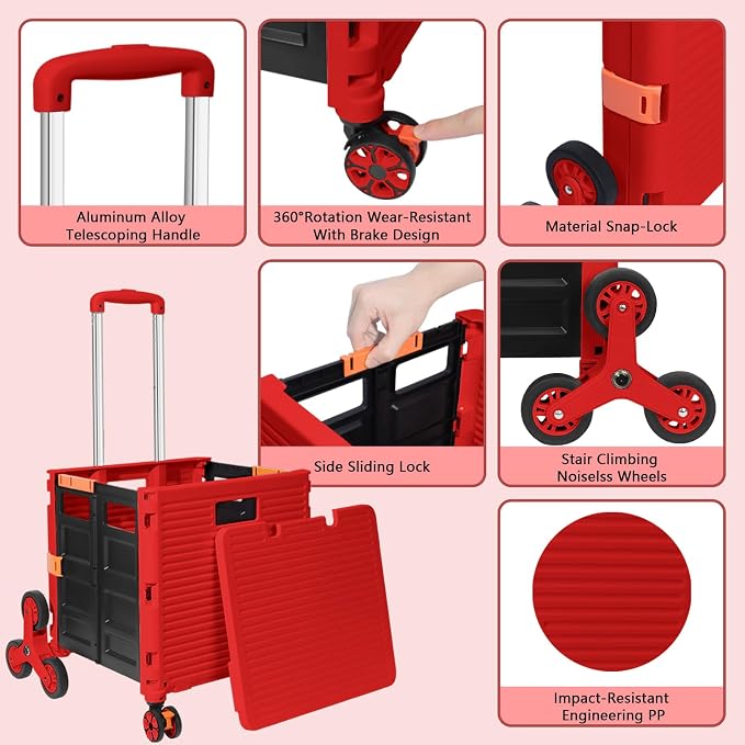 FELICON SELORSS Folding Utility Climber Cart Portable Rolling Crate-Red | Stair - Image 2