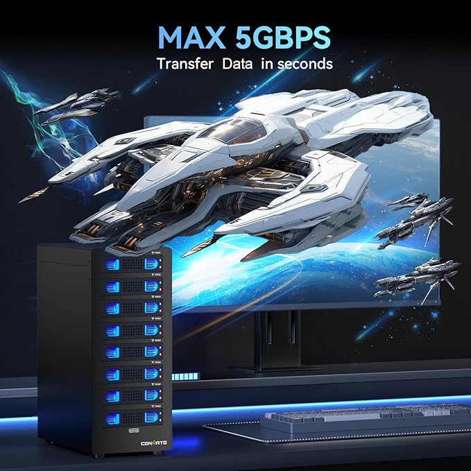 8 Bay Hard Drive Enclosure with Cooling Fan for 2.5/3.5" SATA HDD/SSD with USB A/C 3.0 Cable, 3.5 Hard Drive Enclosure Supports 160TB Capacity, Tool-Free HDD Enclosure, DAS(NO RAID/NAS)-DeskLoop Office