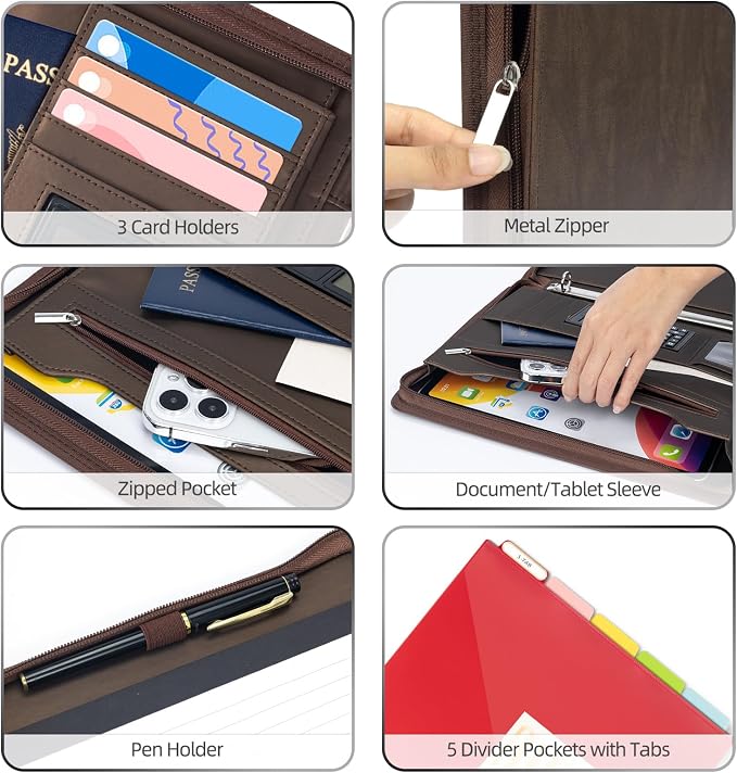 Ospelelf Zippered Portfolio Binder, Leather Clipboard Folder - Image 4