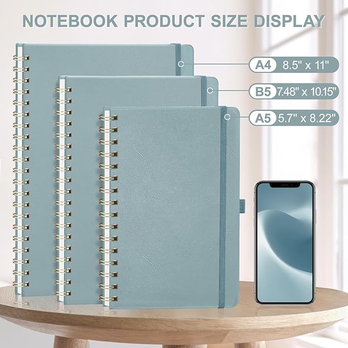 AHGXG Lined Spiral Journal Notebook, B5 Large Notebooks for Women Men, 140 Pages Hardcover Leather Notebook College Ruled, 100 GSM Paper, Notebooks for Work School Note Taking, 7.6" x 10", GrayBlue-DeskLoop Office