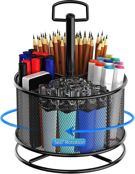 360-Degree Rotating Pen Holder for Desk, Mesh Pencil Organizer Multi-Functional Pen Holder, 4 Compartments Desktop Stationary Organizer, Home Office Black-DeskLoop Office