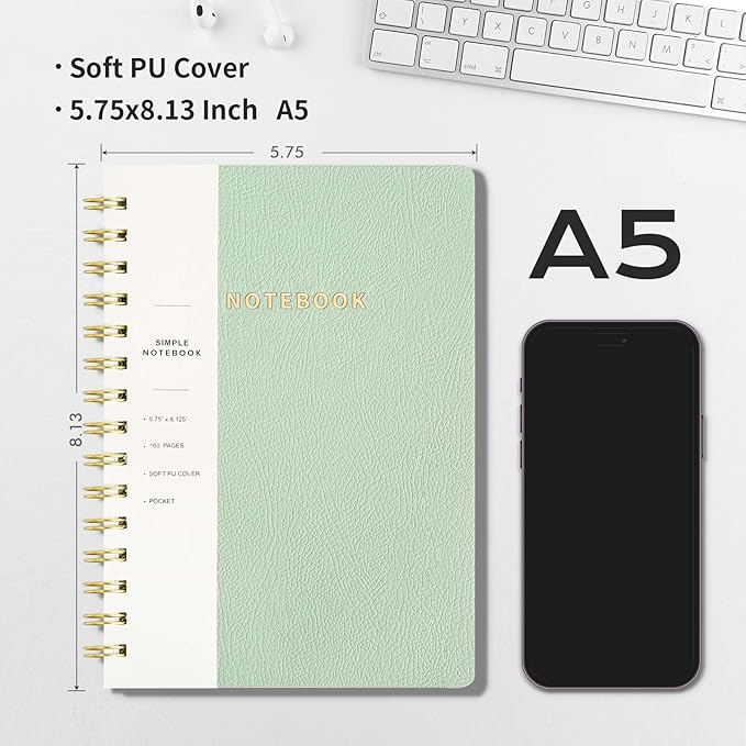 Lined Spiral Notebook College Ruled A5 Journal Book for Note Taking, 160 Pages Writing Journal for Office and Home School Supplies 5.75 x 8.125 inch - MintGreen-DeskLoop Office