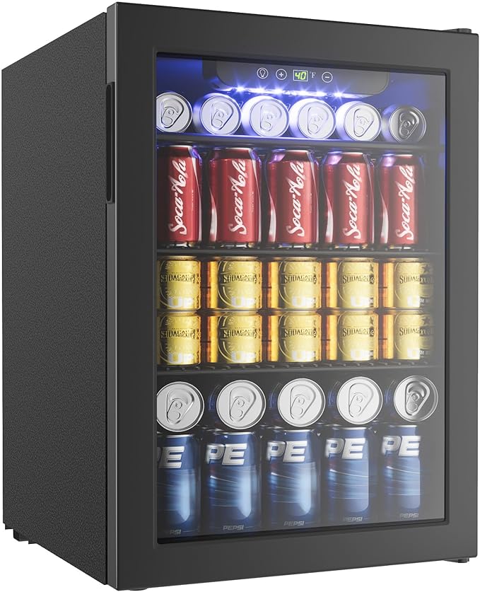 EUHOMY 100 Can Beverage Refrigerator cooler-Mini Fridge Glass Door for Beer Drinks Wines, Freestanding Beverage Fridge with Adjustable Shelves Blue LED for Home/Office/Dorm/Bar, 2.7 cu.ft-DeskLoop Office
