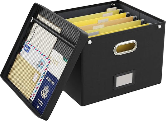 Oterri File Organizer Box with Lid,Large Hanging Filing Box with Mesh Pocket, Document c for Letter Files, Portable Storage Case with Smooth Sliding Rail for Office&Home (1 PCS, Black)-DeskLoop Office