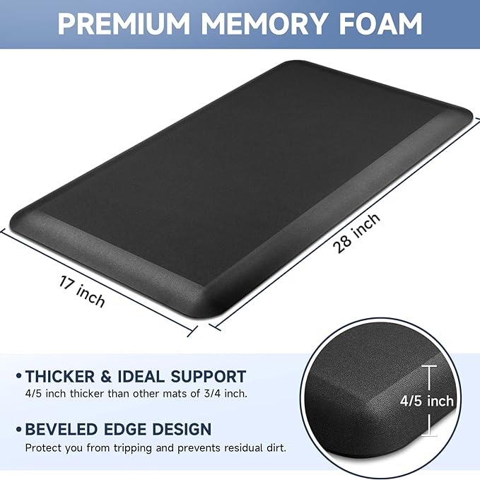 4/5 Inch Thick Kitchen Mats for Floor, StepRite Kitchen Rug for Standing Desk, Non-Slip, Thicker, Stain Resistant, Water Resistant, Comfort Anti Fatigue Floor Mat for Home, Kitchen, Office - Black-DeskLoop Office