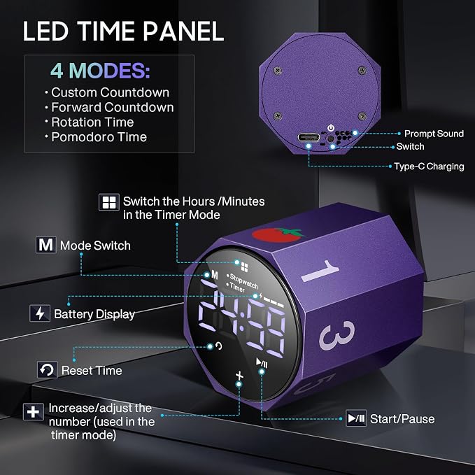 Digital Pomodoro Timer, Frosted Metal Productivity Cube Timer, 1.8 in LED - Image 7