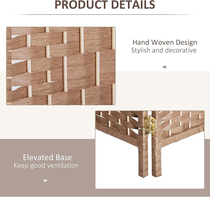 HOMCOM Room Divider 4 Panels Folding Privacy Screen 6FT Tall Portable Wicker Weave Partition Wall Divider for Bedroom Home Office, Natural Wood-DeskLoop Office