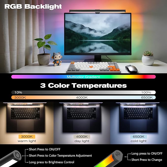 RGB Monitor Light Bar, Eye-Care Dual Light Reading Screen Lamp, 9 Modes Gaming - Image 5