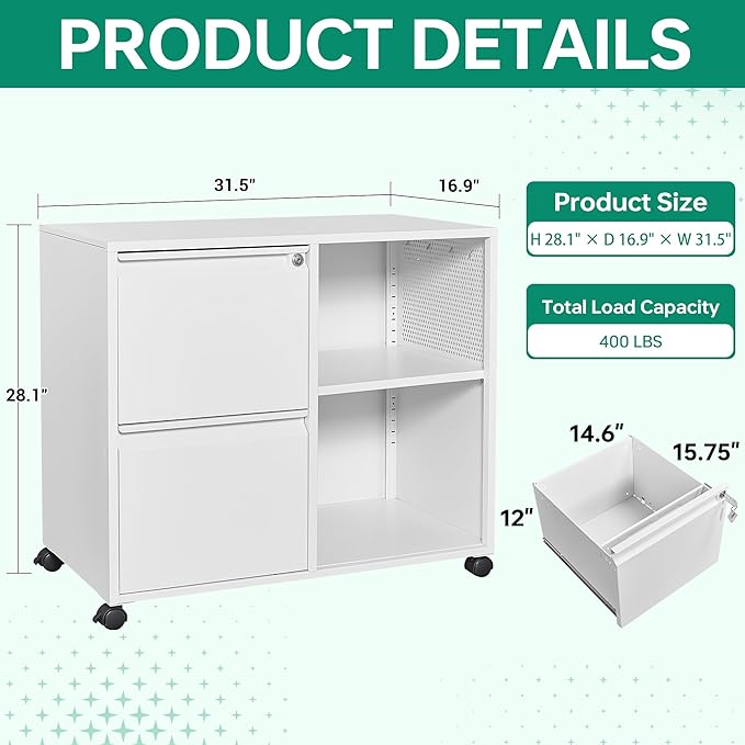 Letaya Mobile File Cabinet, Metal Lateral Rolling Printer Stand Filing Cabinets with Shelves for Home Office-Storage A4/F4/Letter (White)-DeskLoop Office