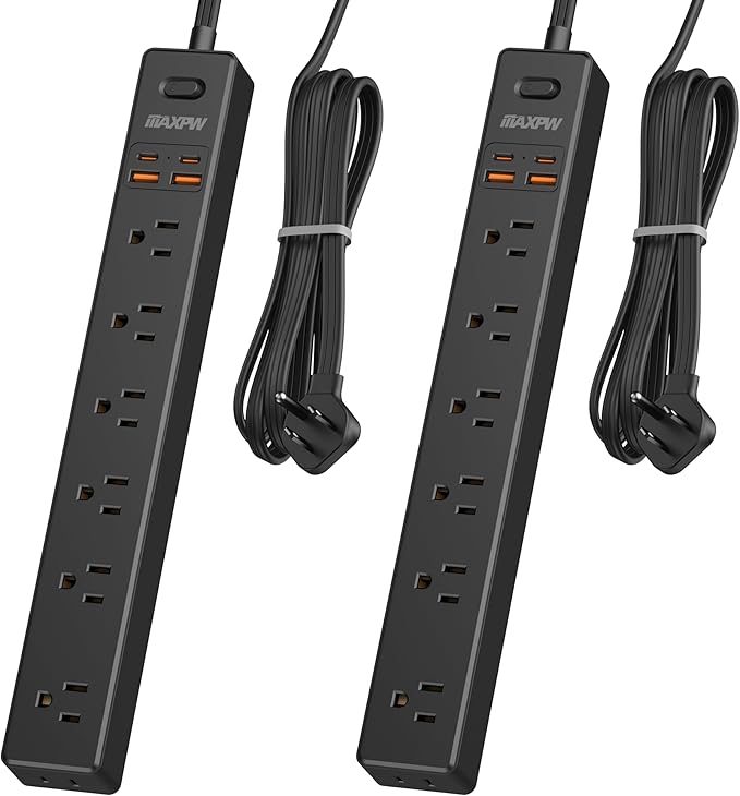 2 Pack Power Strip Surge Protector - 7 Outlets 4 USB Ports (2 USB C), 6 Ft Ultra Thin Flat Plug Extension Cord, 1875W/15A, 1700 Joules, Wall Mount for Home Office Dorm, Black-DeskLoop Office