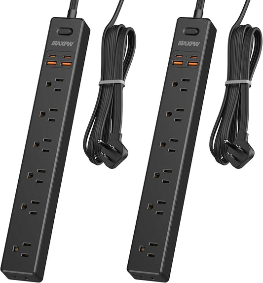 2 Pack Power Strip Surge Protector - 7 Outlets 4 USB Ports (2 USB C), 6 Ft Ultra Thin Flat Plug Extension Cord, 1875W/15A, 1700 Joules, Wall Mount for Home Office Dorm, Black-DeskLoop Office