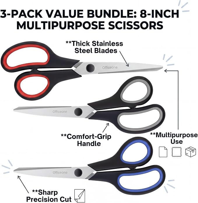 OfficeOne 3-Pack Heavy Duty Scissors 8" – Ultra Sharp Multipurpose Scissors - Image 4