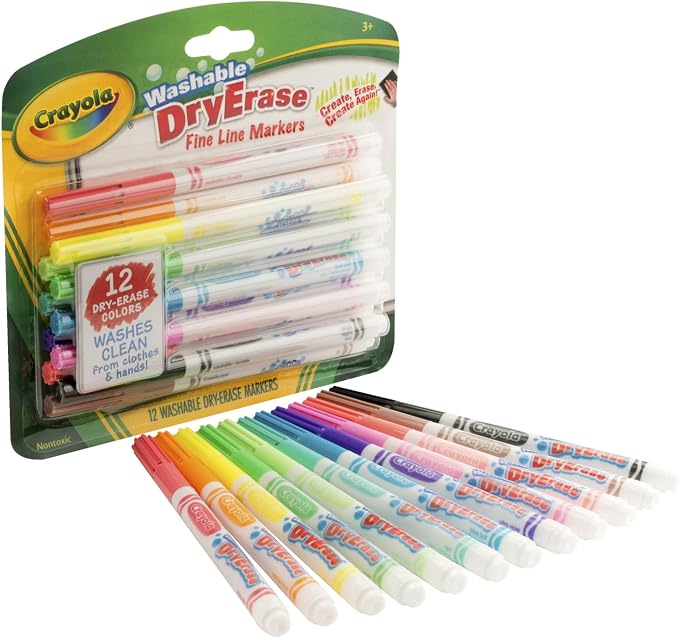 Crayola Washable Dry-Erase Fine Line Markers, 12 Classic Colors NonToxic Art by Crayola