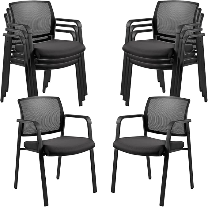 CLATINA Mesh Back Stacking Arm Chairs with Upholstered Fabric Seat and Ergonomic Lumbar Support for Office School Church Guest Reception Black 8 Pack Set New Version-DeskLoop Office