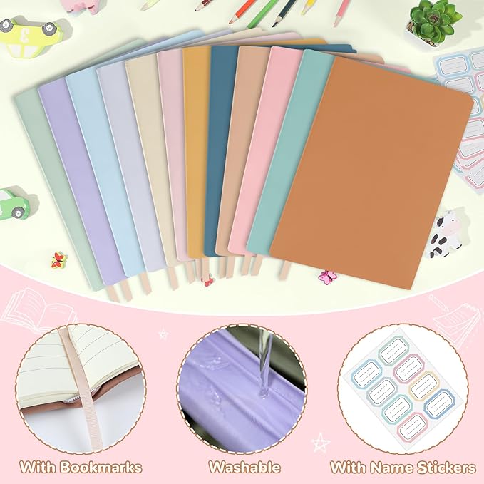 Jumbo Stretchable Book Covers 12PCS Reusable Fabric Book Covers with Label 9x11in Boho Pastel Protective Sleeve for Hardcover Book Textbook Cover for School Fits Most Book Sizes Up to 10x12.5in-DeskLoop Office
