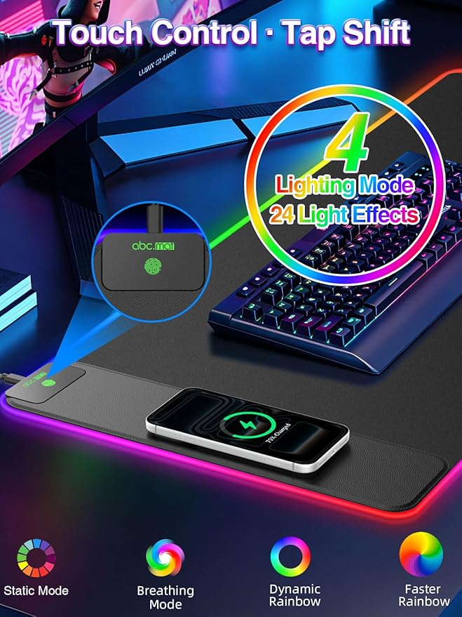 XXL RGB Gaming Mouse Pad with 15W Magnetic Wireless Charging, 31.5'' x 15.8'' - Image 4
