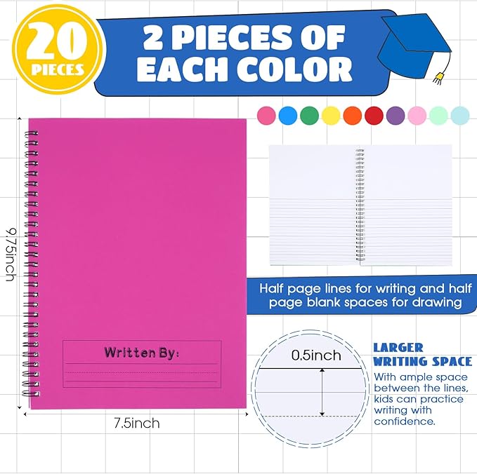 Henoyso 20 Pcs 100/50 Sheets Primary Composition Notebook K-2 Bulk Spiral Primary Journal Drawing Handwriting Practice for Kids Kindergarten 1st 2nd Back to School Supplies (Stylish Color,50 Sheets)-DeskLoop Office