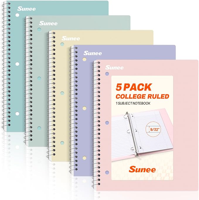 SUNEE Spiral Notebooks, 5 Pack, College Ruled Paper, 70 Sheets per Notebook by SUNEE