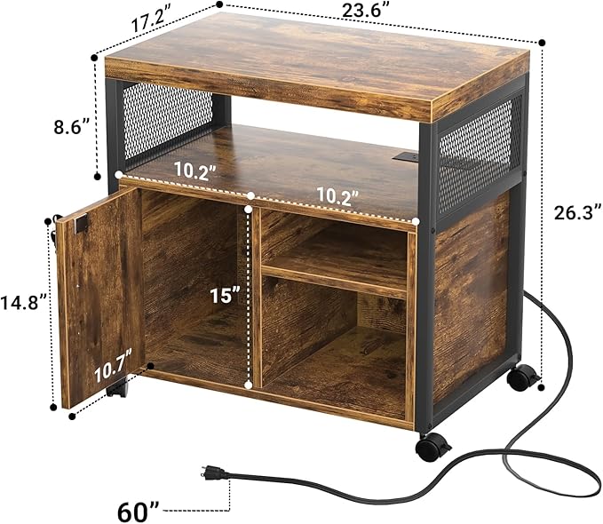Unikito Lateral File Cabinet, Locking Office Filing Cabinets with Socket and USB Charging Port, Modern Rolling Printer Stand with Storage for A4, Letter Size and File Folders, Rustic Brown-DeskLoop Office