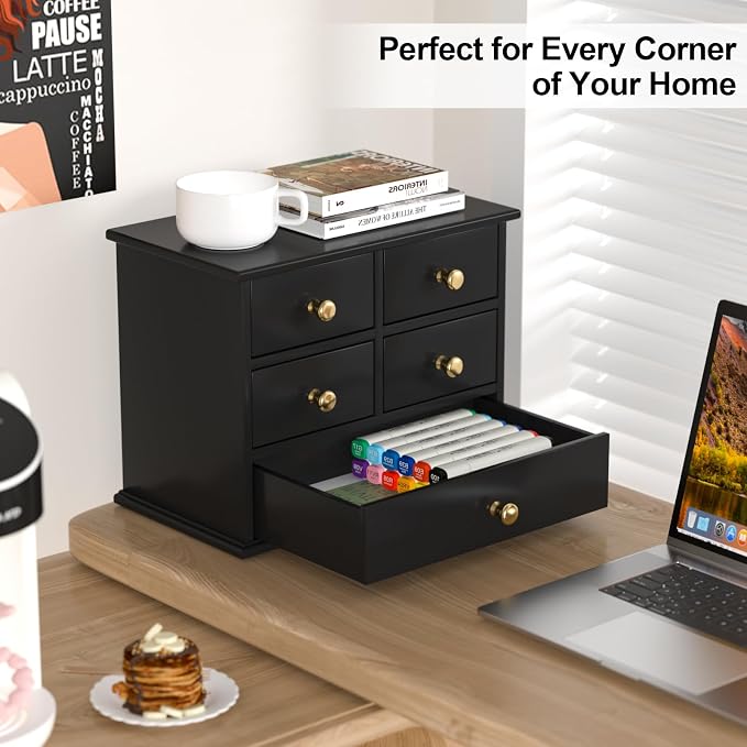 Oak Desk Organizer with Drawers, Durable Wooden Desktop Storage Box with Metal - Image 4