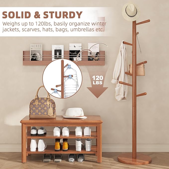 Uniclinens Coat Rack Freestanding Solid Wood Coat Tree Standing with 8 Hooks, Coat Rack Stand Creative Tree Branch-Look (Teak)-DeskLoop Office