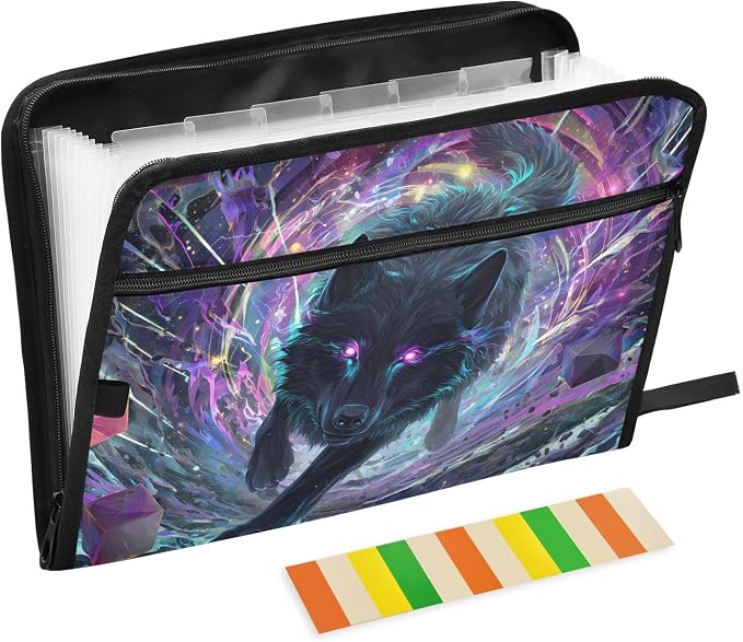 Expanding File Folder Black Wolf Purple Eyes Galaxy Accordion File Organizer 13 by ALAZA