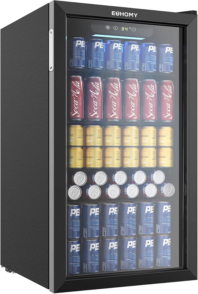 EUHOMY Beverage Refrigerator Cooler, 130 Can Mini Fridge with Glass Door for Soda Beer or Wine, Beverage Cooler for Home, Office, Bar with Adjustable Removable Shelves, Black-DeskLoop Office