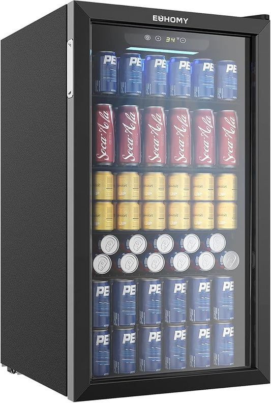 EUHOMY Beverage Refrigerator Cooler, 130 Can Mini Fridge with Glass Door for Soda Beer or Wine, Beverage Cooler for Home, Office, Bar with Adjustable Removable Shelves, Black-DeskLoop Office