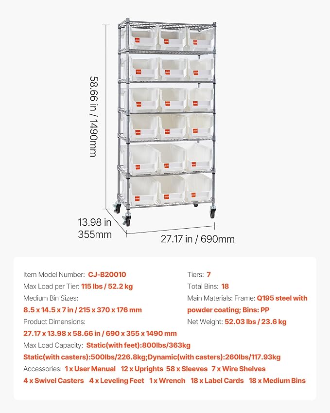 VEVOR 7-Tier Rolling Bin Storage Rack, 18 Organizer Bins, Bin Rack Storage - Image 3