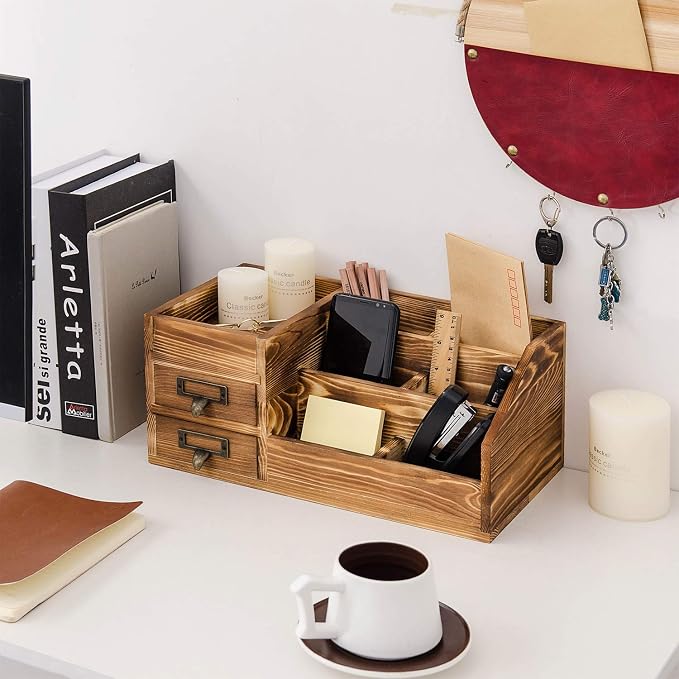 Liry Products Rustic Wooden Desktop Organizer Office Supplies Brown Tabletop - Image 6