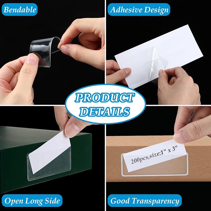 Meanplan 200 Pcs Label Holder Self Adhesive Clear Pocket 3x1 Inch Plastic Shelf - Image 3