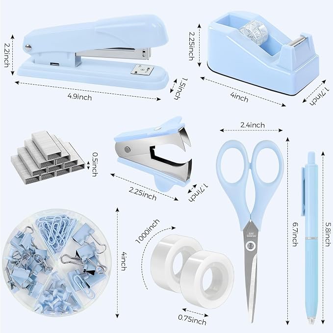 SKYDUE Blue Office Desk Accessories, Tape Dispenser, Clips and 1000pcs Staples - Image 7