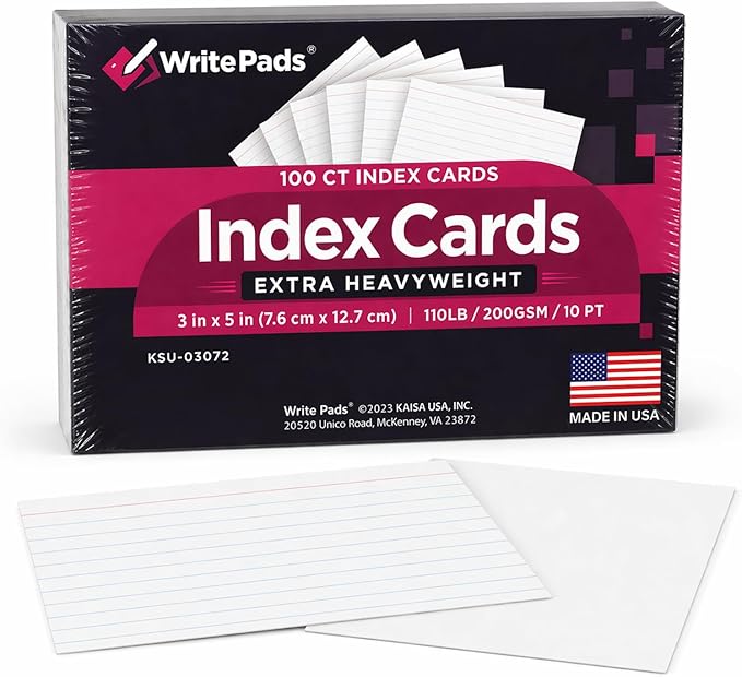Heavyweight 3x5 Index Cards, Extra Thick Note Cards, Front Lined Back Blank by WritePads