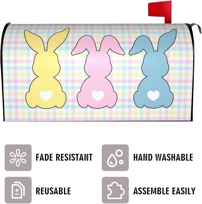 Cute Easter Bunny Mailbox Covers, Colourful Buffalo Plaid Rabbit Decorations - Image 3