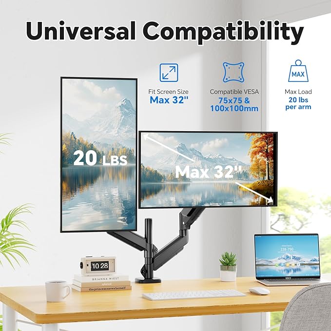 Simple Trending Dual Monitor Stand, Full Adjustable Monitor Mount, Gas Spring Monitors Arm for 13-32 inch Computer, VESA Mount with C-clamp & Grommet Mounting Holds Max 20 lbs Each, Freelift Black-DeskLoop Office