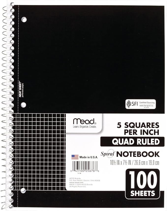 Mead Spiral Notebook, 1 Subject, Graph Ruled Paper, 7-1/2" x 10-1/2", 100 Sheets by Mead