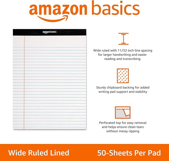 Amazon Basics Wide Ruled Lined Writing Note Pads, 8.5 inch x 11.75 inch, White, 12 Count (12 Pack of 50)-DeskLoop Office