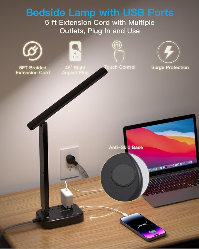 Power Strip with LED Desk Lamp, 3 Outlets 4 USB Ports(2 USBC) 4 Modes 5 Level Touch Lamp Small Desk Lamp for Home Office Bedroom Bedside, Study Reading Light, 5ft Extension Cord, Dorm Room Essentials-DeskLoop Office