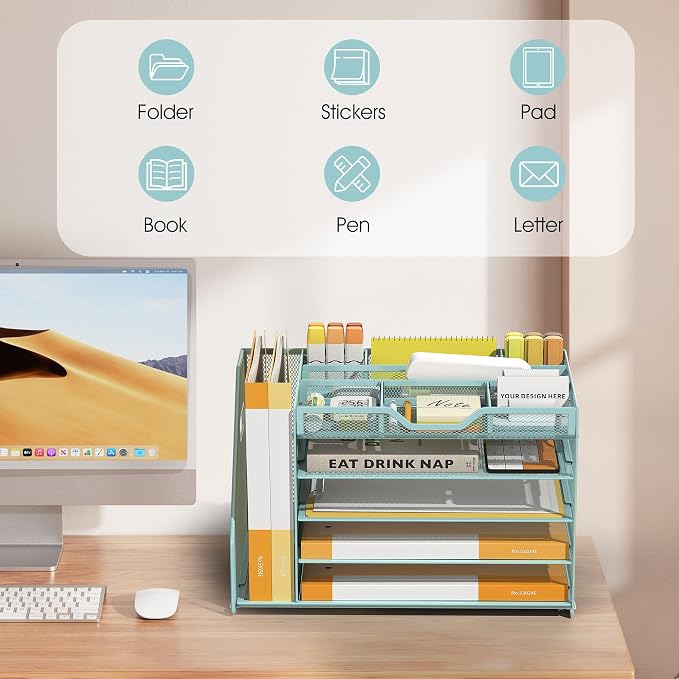 5 Tier Paper Letter Tray with File Holder and 3 Drop-in Pen Holders, Mesh Desk - Image 7