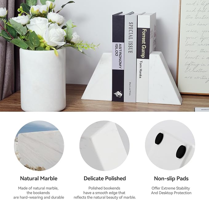 Karibiber Marble Bookends for Heavy Books, Decorative Book Ends for Shelves - Image 3