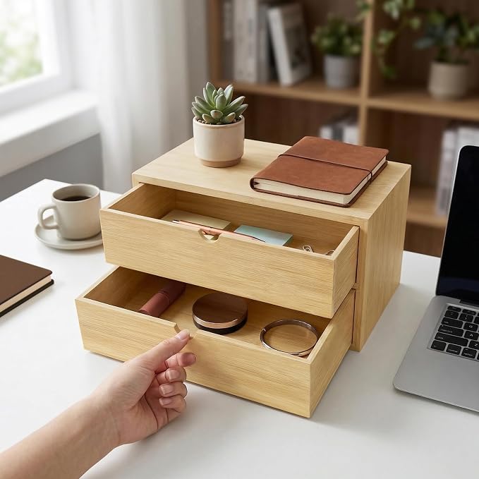 Bamboo Desk Organizer with 2 Drawers, Desktop Drawers Wooden Storage Box 13.4 x - Image 2