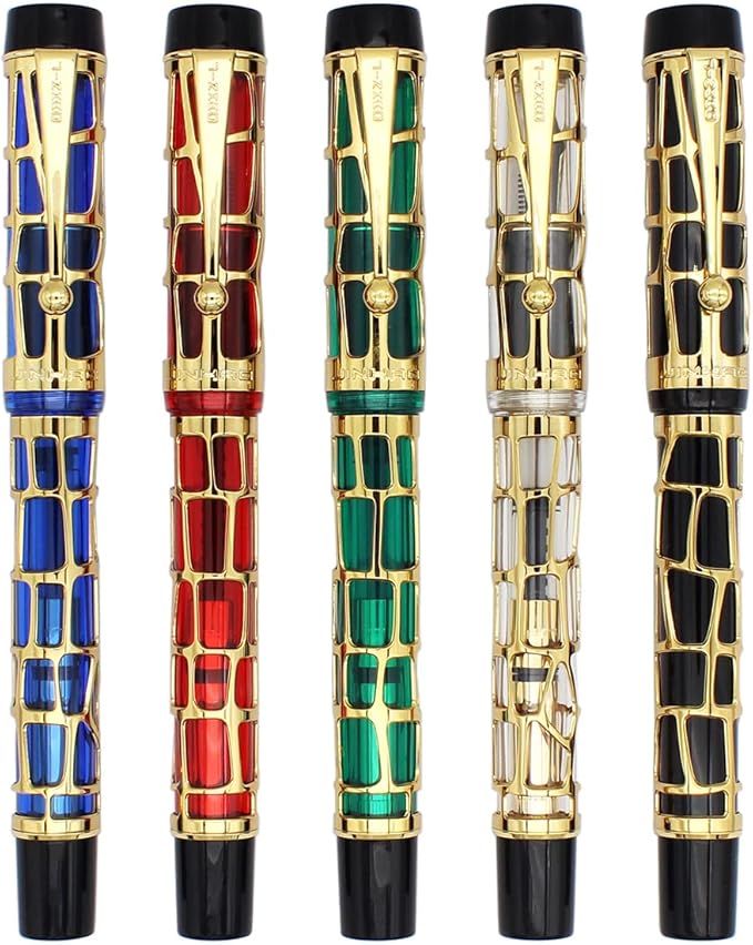 Gullor Century 100 Fountain Pen, Skeleton Hollow-out Series Golden, Screw-Cap, Fine Nib, Transparent Green