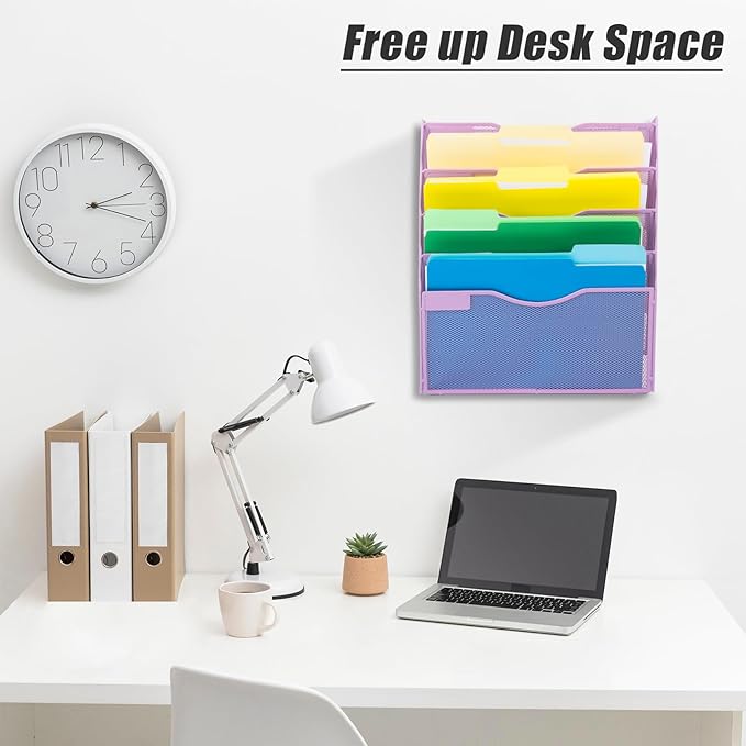 EASEPRES 5 Pocket Mesh Hanging Wall File Organizer, Wall Mounted Mail Paper Document Folder Holder, Clipboard Storage Organization Magazine Rack with Nametag Label for Office Home School, Light Purple-DeskLoop Office