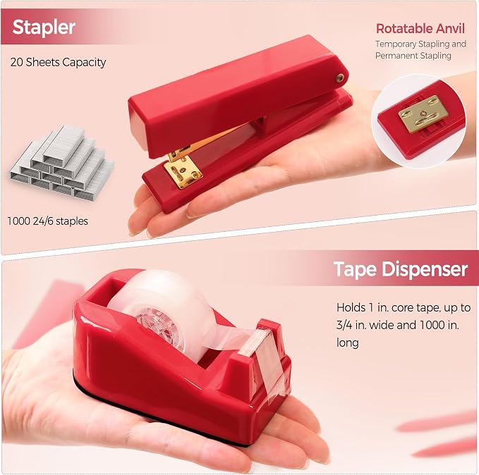 SKYDUE Red Office Supplies Set, Desk Accessories, Tape Dispenser, Binder/Paper - Image 3