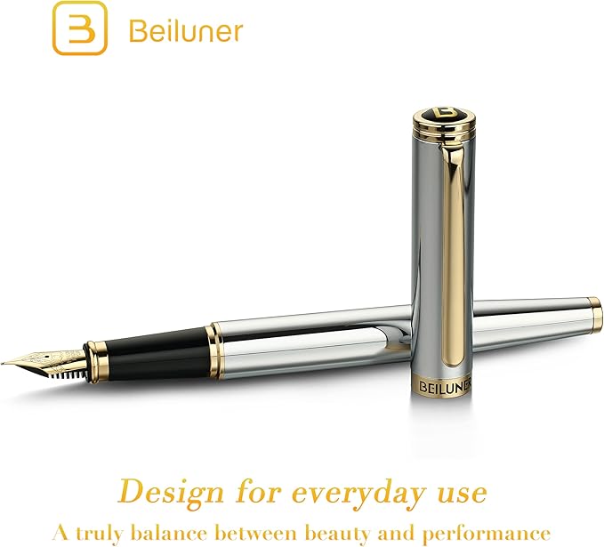 BEILUNER Silver Chrome Fountain Pen,Stunning Luxury Pens with 24K Gold Accents, Gorgeous 24K Gilded Nib(Fine), Ink Converter,Fancy Pen Gift for Men&Women-Elegant, Office, Reliable,Nice for Writing-DeskLoop Office
