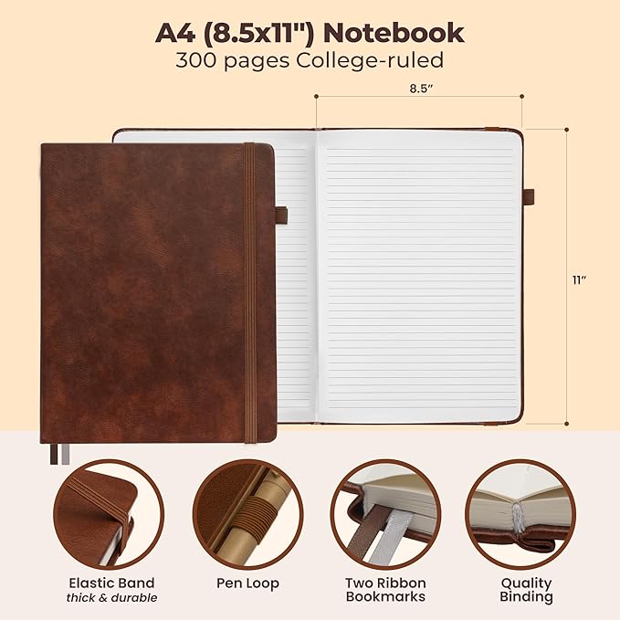 Thick Lined Journal Notebook 8.5x11" with Big A4 Hardcover Leather - Brown - 300 Pages College Ruled Large with Sticky Tabs, Pockets, and Pen Loop for Writing and Journaling - Hardback Men and Women-DeskLoop Office