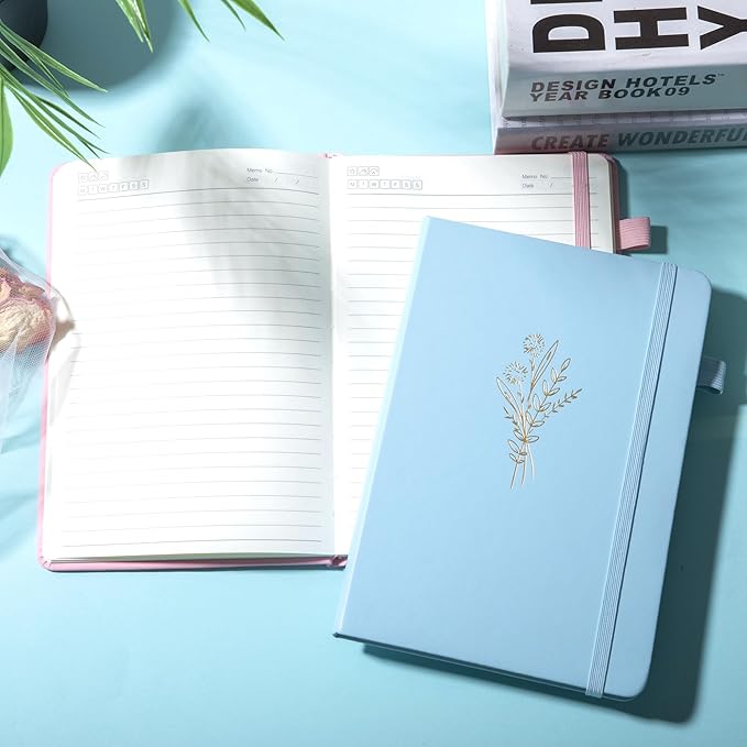 Lined Journal Notebook for Women Cute Leather Journaling Notebooks for Writing 192 Pages A5 Hardcover Aesthetic Floral Diary, 5.7 x 8.3 In, Blue-DeskLoop Office